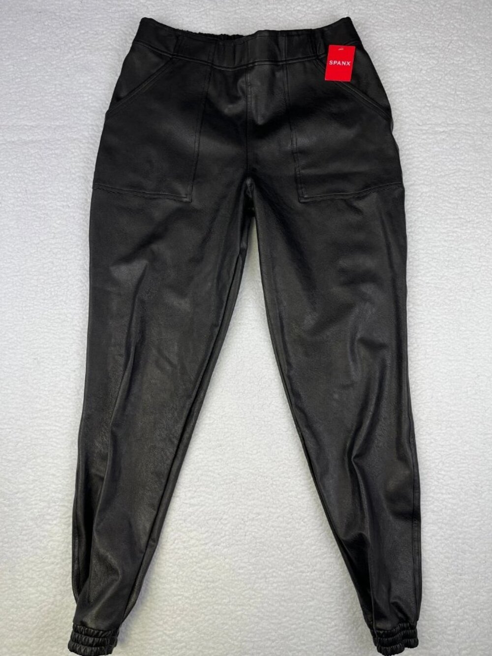 NWT SPANX Leather Like Jogger Pants Size 8 Black High Rise Faux Pull On Pockets
